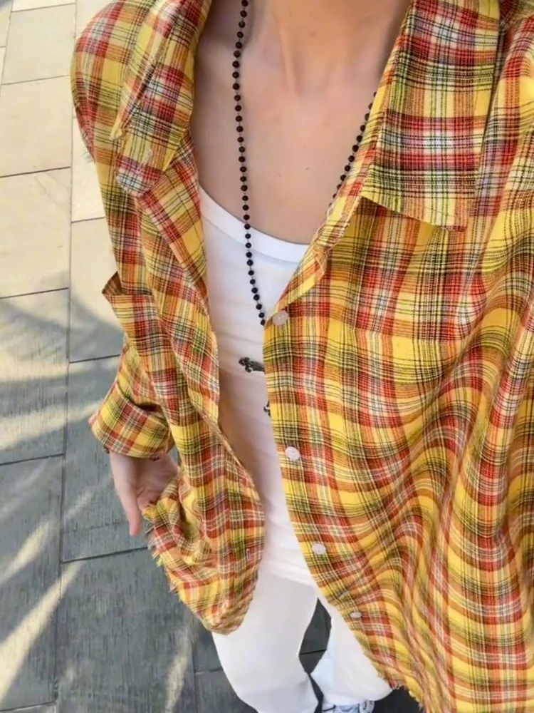 

Dopamine Boosting Yellow Plaid Shirt Men's Women's Spring Fashion American High Street Coat Loose Fit Long Sleeve Button up