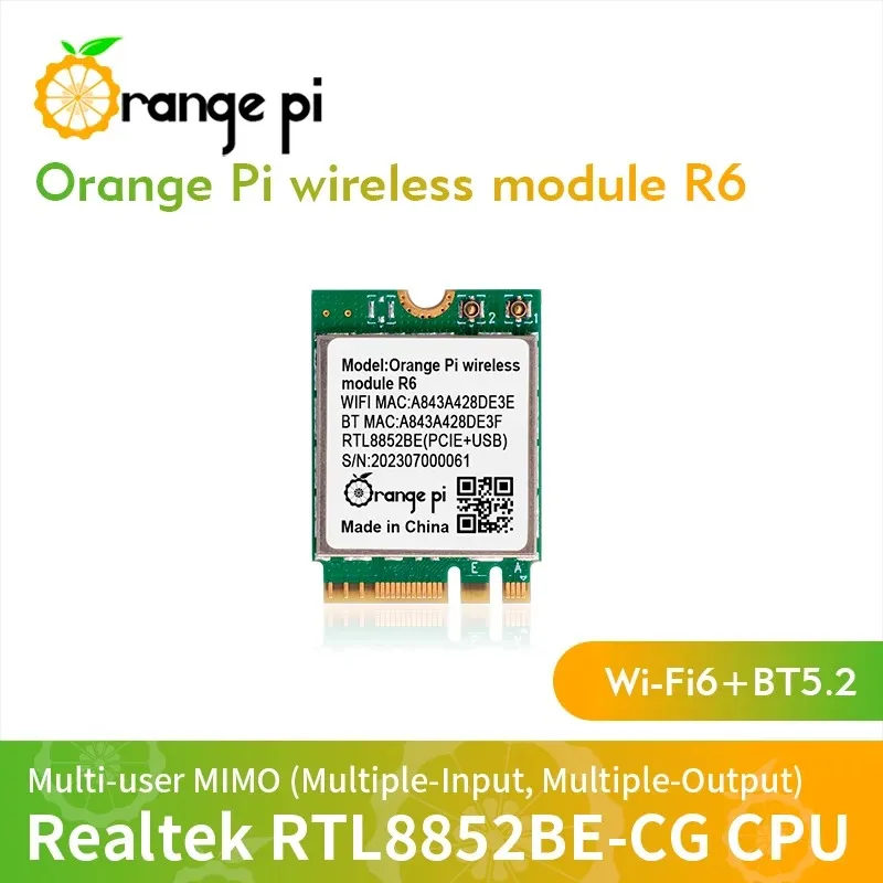 

WiFi Module R6 for Orange Pi 5 Plus Board, 2.4G/5G Dual Band Wi-Fi6+BT5.2 with PCIE M.2 E-Key Interface Wireless Module