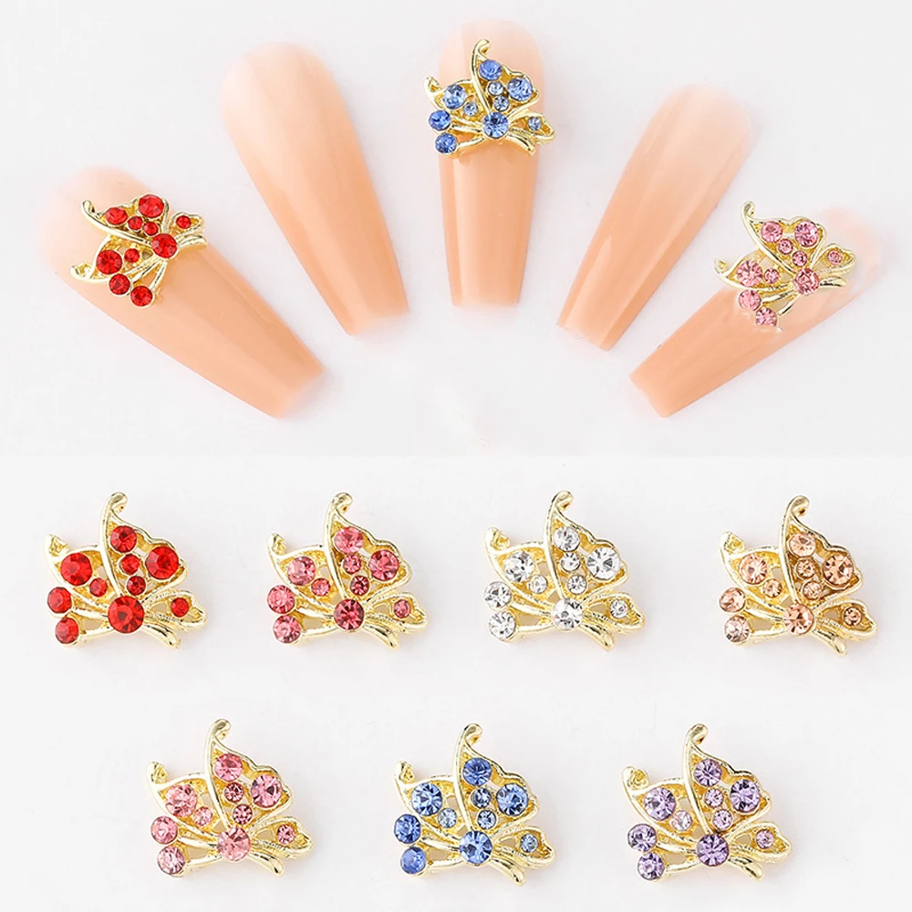 10Pcs Butterfly Nail Art Charm 3D Diamond Sparkling Gold Silver Alloy Butterfly Nail Ornament DIY Exquisite Nail Accessories