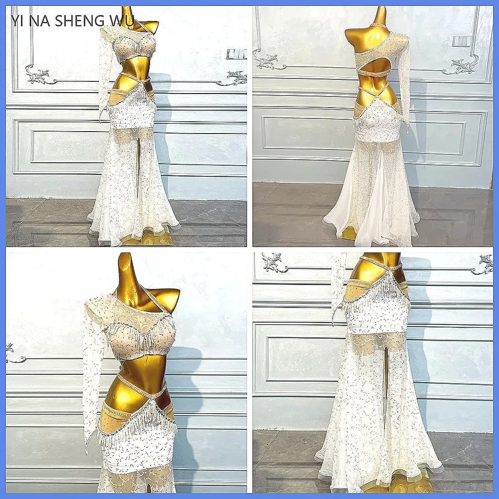 

Luxury Belly Dance Costume for Women - Custom AB Stone Tassel Chiffon Set, Oriental Performance & Competition Clothing