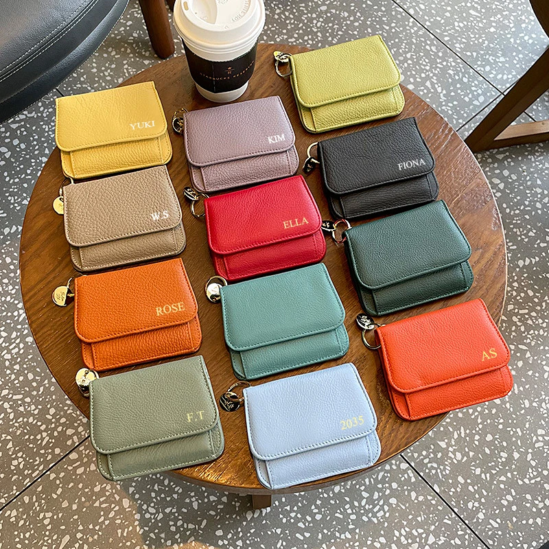 Real Leather Woman Engraving Card Wallet Fashion Simple Classic Coin Purse Custom Initials Lady Casual Cute Wallet DIY Bag Gift