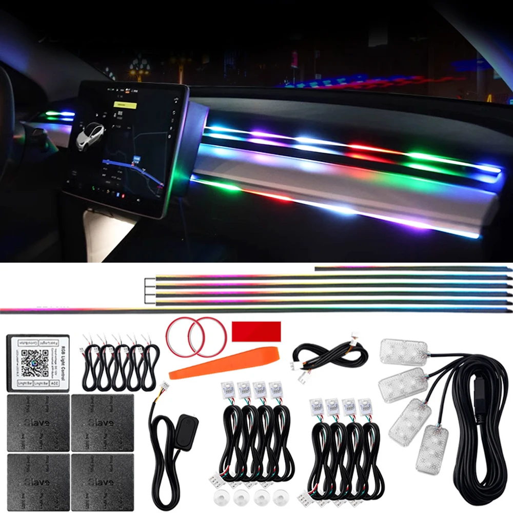 

Новый светодиодный окружающий свет Symphony RGB 64-цветный салон автомобиля со скрытой акриловой полосой, декоративная атмосферная лампа для Tesla BMW Audi и т. д.