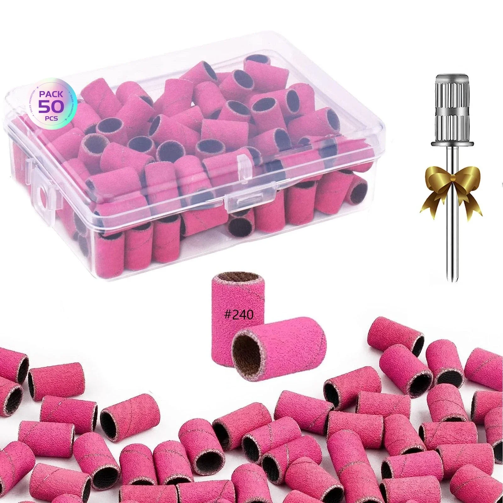 

50 Pcs Nail Drill Bits Sanding Bands with Mandrel Bit, 240 Fine Grit Nail File for Acrylic Nails Gel Manicures and Pedicure