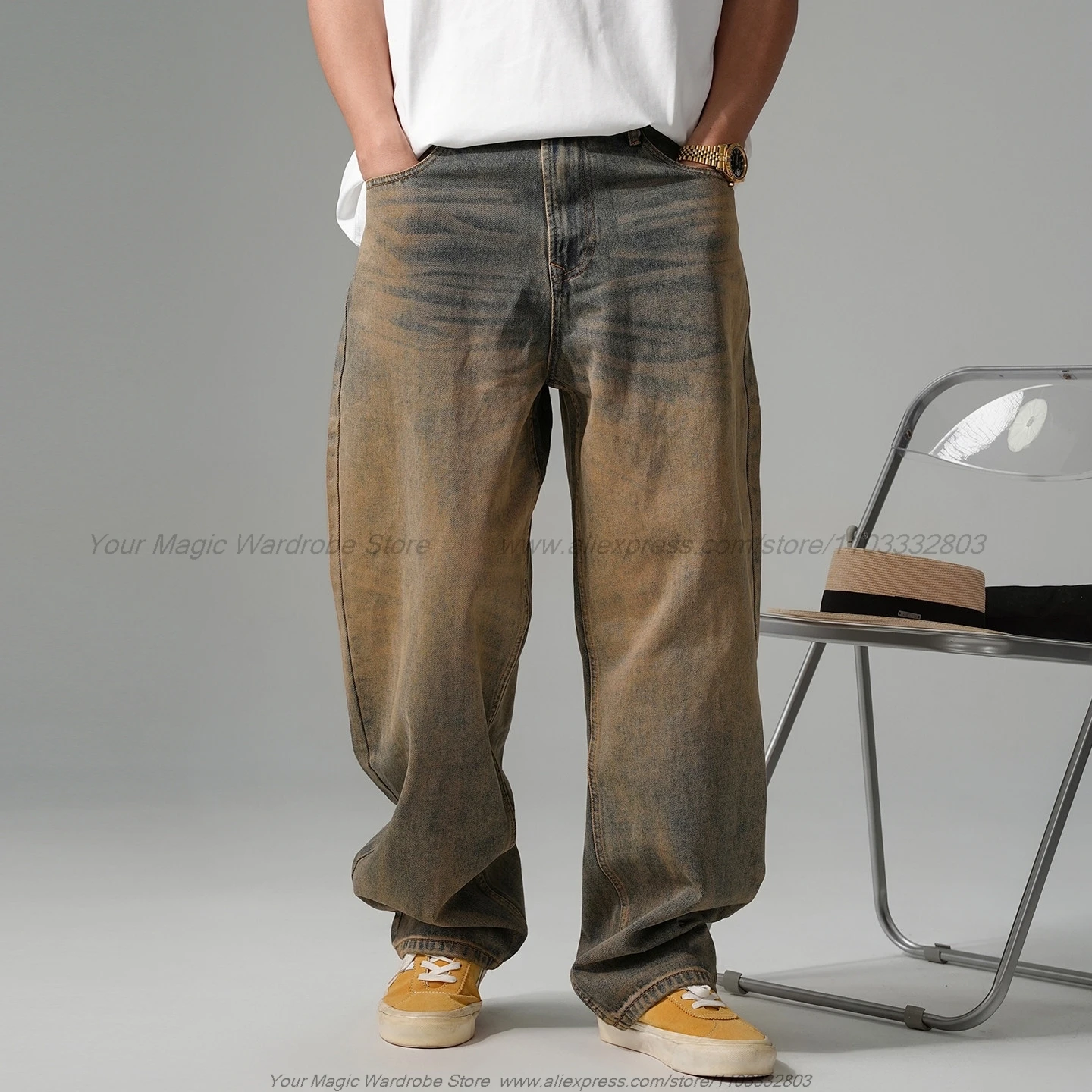 Fall 2026 Retro Handsome Distressed Post-Apocalyptic Wasteland Style Yellow Mud Dyed Jeans Men's Straight Loose Wide Leg Pants