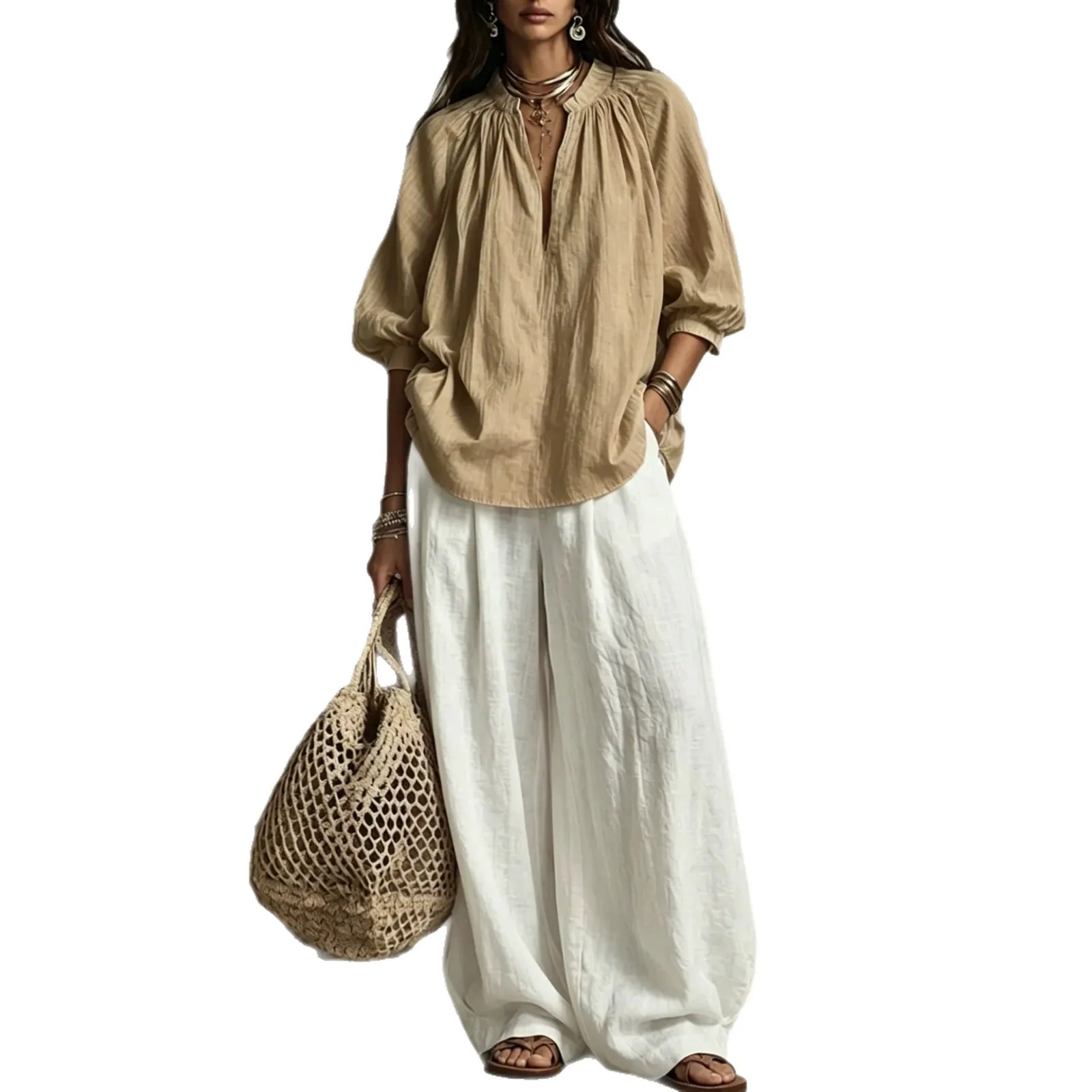 Loose Fashion New Solid Color V-neck Puff Long Sleeve Women's Top Suit Autumn Casual Retro Wide Leg Pants 2 Piece Set Female