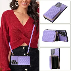 Zipper Wallet Card Solt Crossbody Leather Case For Samsung Galaxy S23 Ultra S22 S21 FE S20 A54 A14 A34 A24 A52 A53 Lanyard Cover