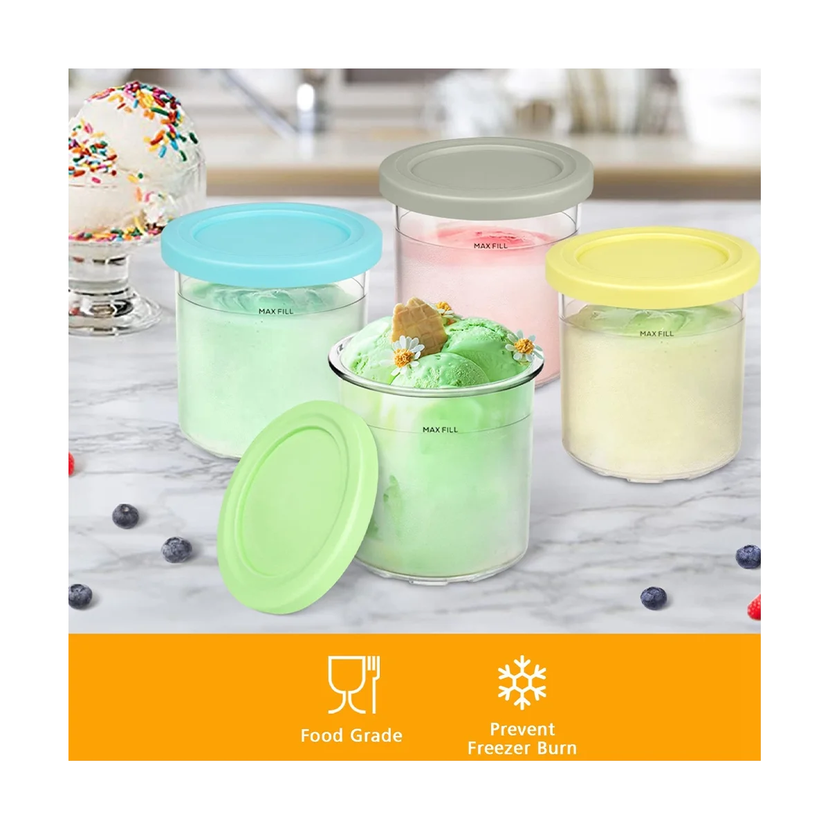 حاوية آيس كريم A09G مع غطاء بديل لكريمي نينجا، متوافقة مع صانع الآيس كريم NC301 NC300 NC299AMZ