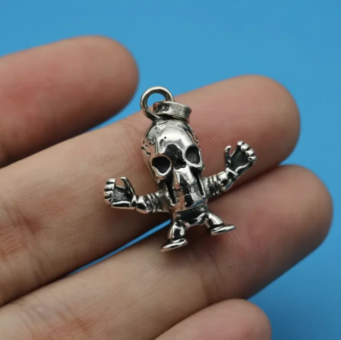

Hip hop all silver jewelry, pure silver punk personality pendant, trendy skeleton soldier necklace pendant