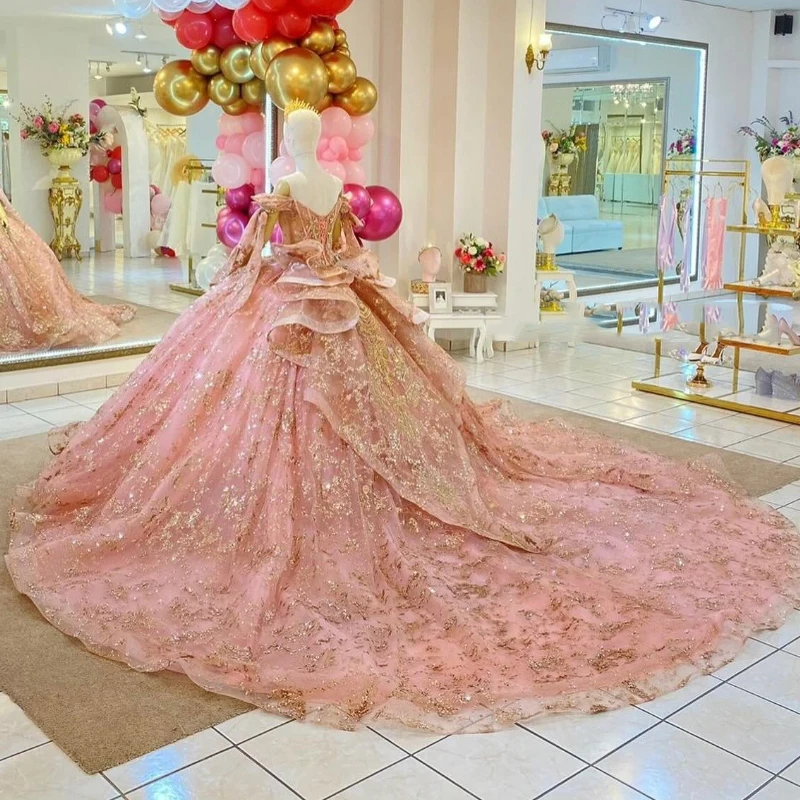 Pink Glitter Quinceanera Ball Gown Off The Shoulder Sequins Gold Applique Lace Beads Crystal Prom Dresses Sweet 16 Dress Vestido