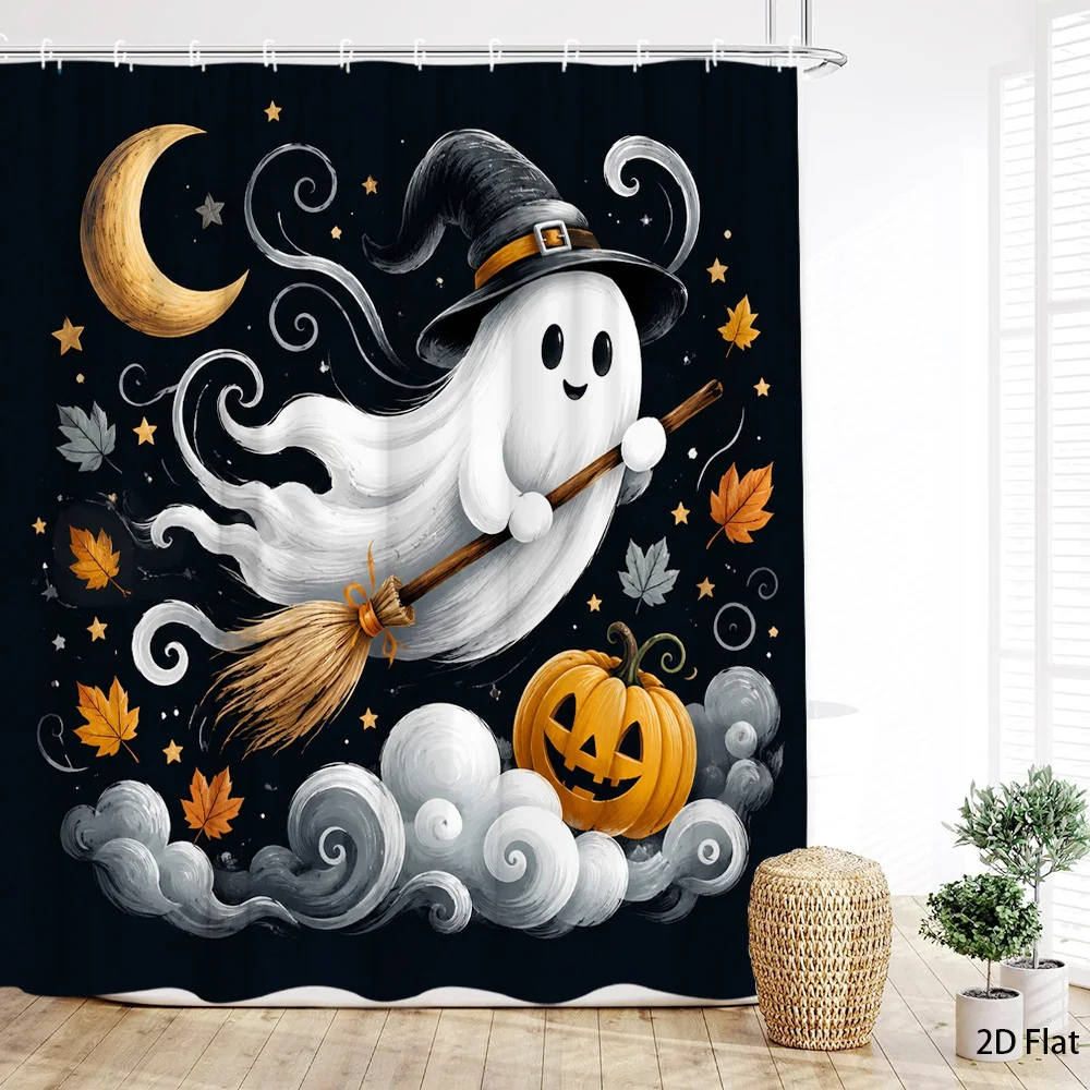 Halloween Ghost Witch Hat Shower Curtain, Pumpkin Broomstick Print Waterproof Bathroom Decor, Spooky Holiday Home Bath Screen