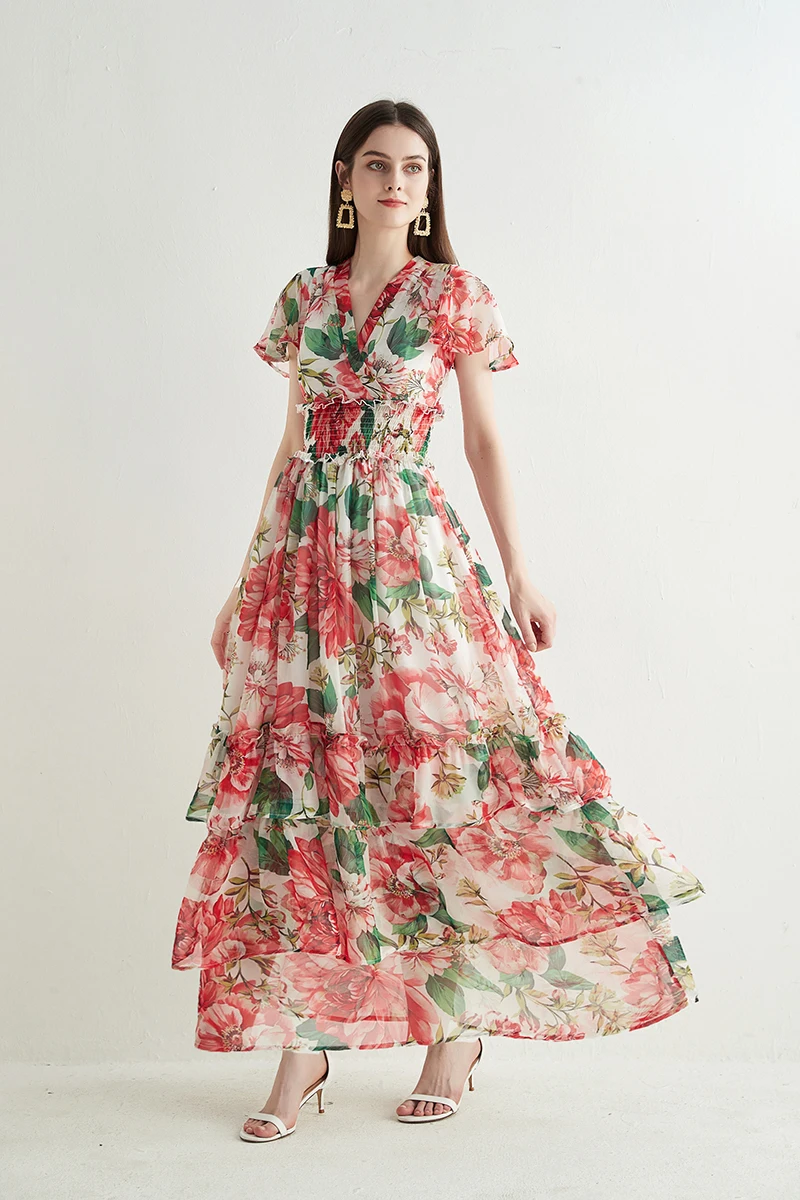 2023 Holiday Maxi Dress Women Sexy V Neck Flare Sleeve Elastic High Waist Cascading Ruffles Layered Pleated Vestidos