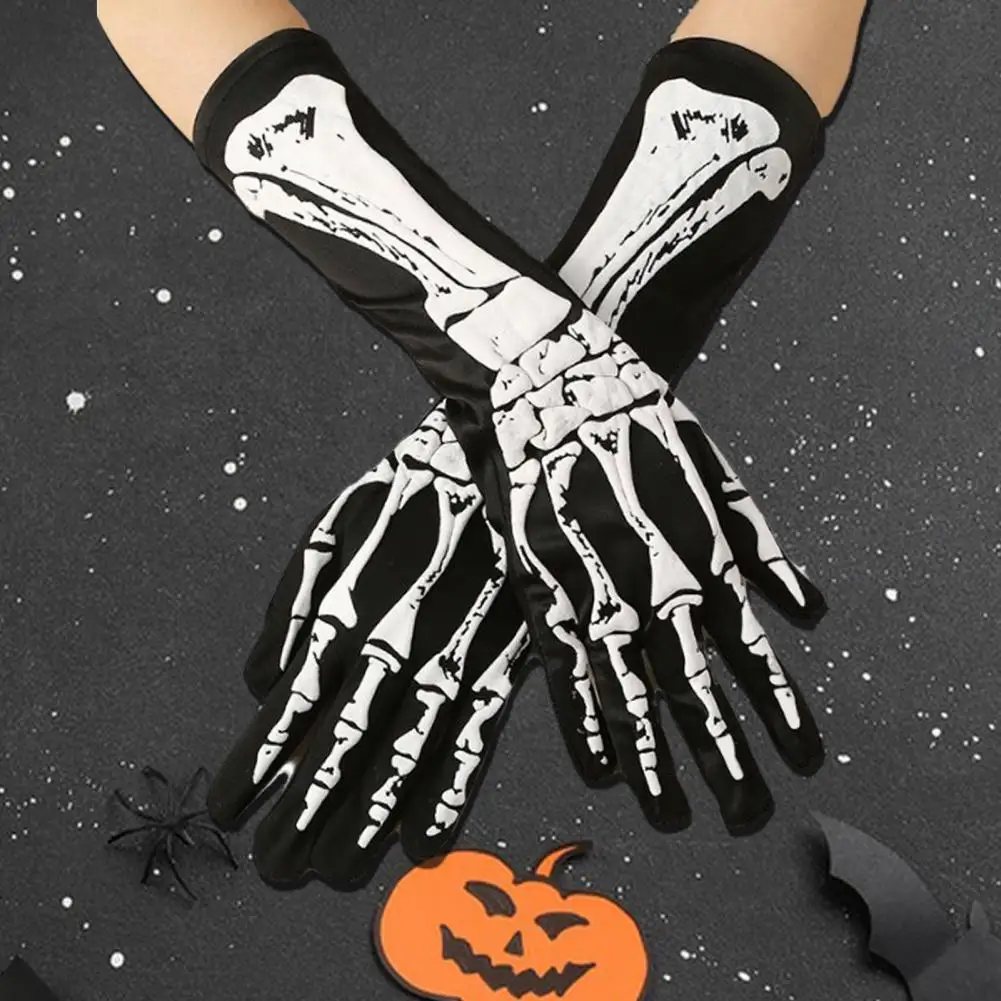 1 Pair Halloween Skeleton Gloves Bone Print Style Halloween Gloves with Ghost Hand Print Terrifying Unisex for Evening Party