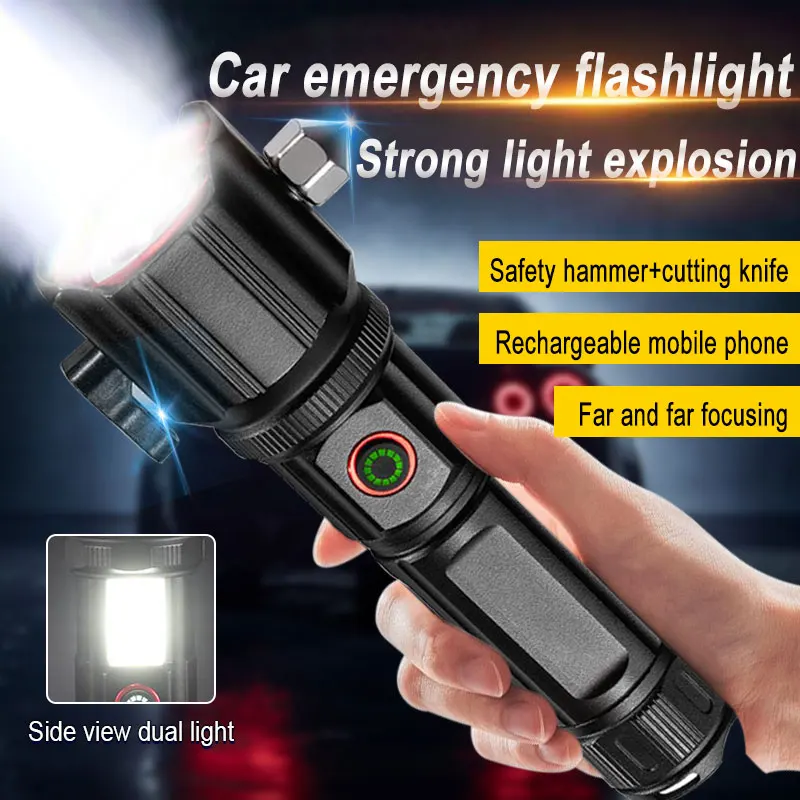 Multi-function Car Home LED Flashlight Car Safety Hammer Flashlight USB Charging Ultra-strong Outdoor Strong Light Detection