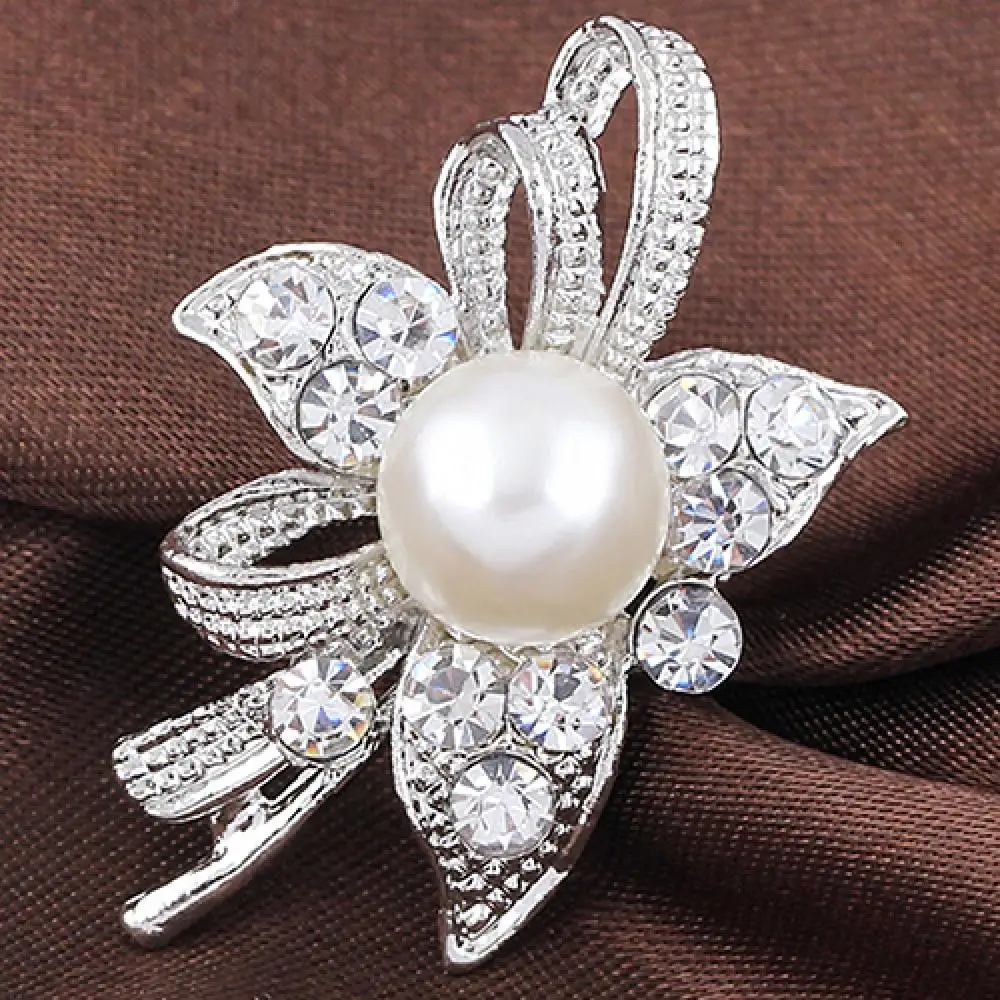 Rhinestone Crystal Brooch Pin, Silver Pearl Flower, Bridal Bouquet, Luxury Jewelry Gifts, New