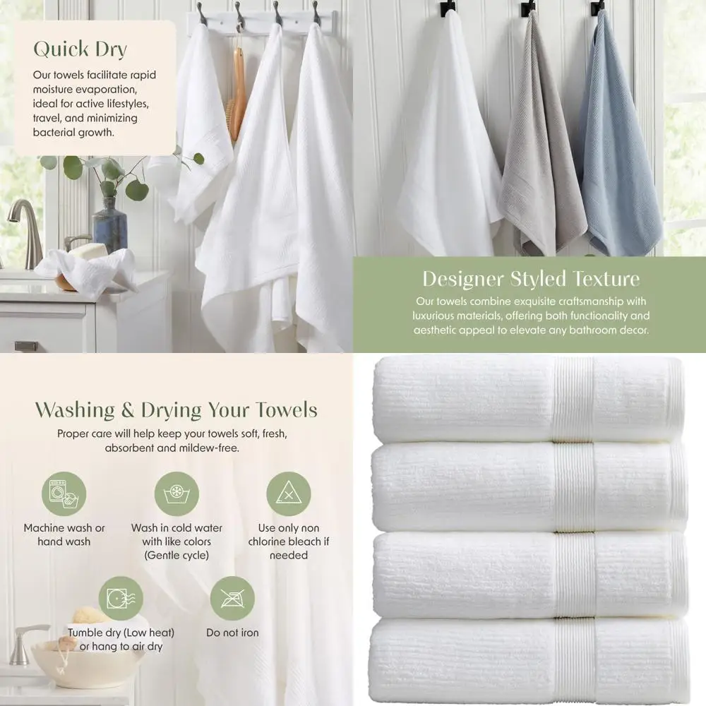 

Набор из 4 белых ребристых банных полотенец. | 100% чесаный хлопок | Оэко-ТЕКС ® Сертифицированный | Впитывающий и быстросохнущий | Коллекция Мауро