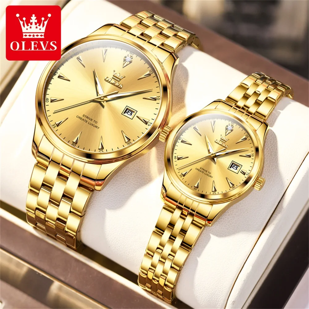 OLEVS-reloj de cuarzo para hombre y mujer, cronógrafo dorado de lujo, de acero inoxidable, resistente al agua, con fecha luminosa, a la moda