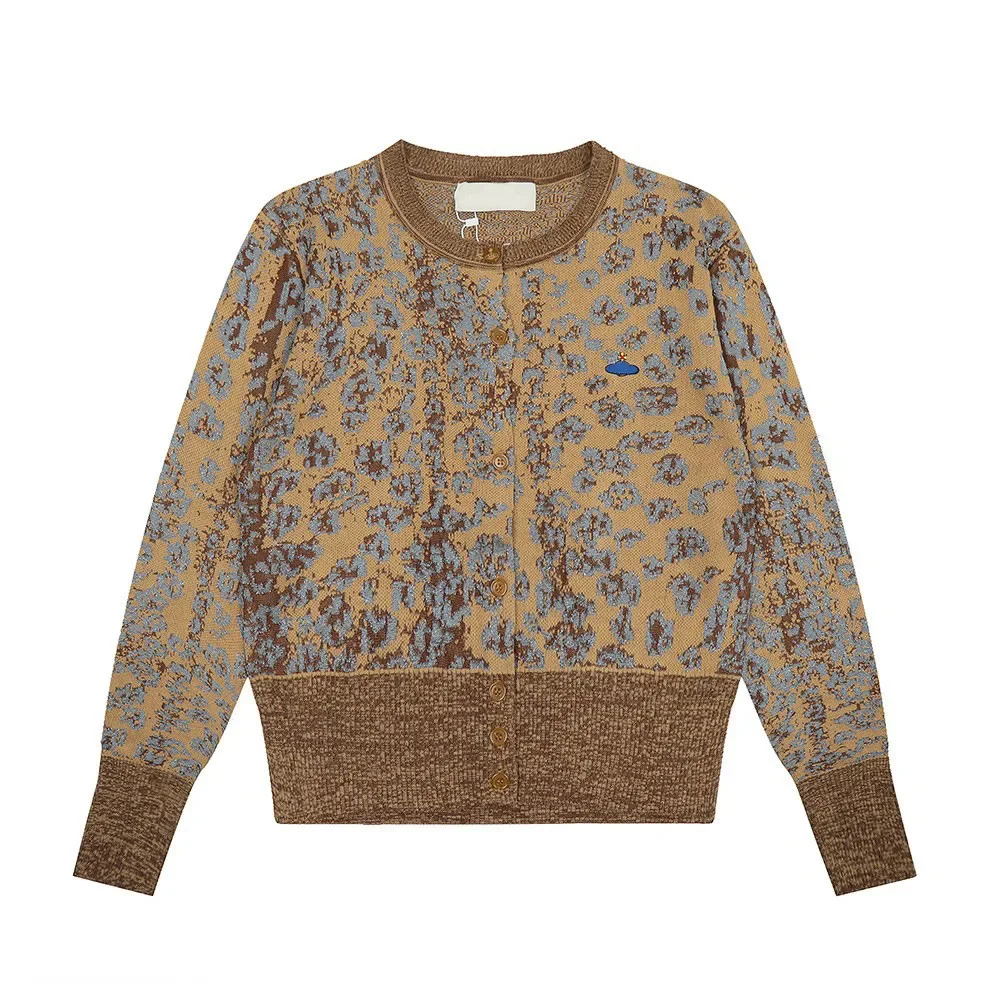 Vivienne West Wood Cárdigan abierto de punto para mujer con manga larga de lana con estampado de leopardo bordado de China continental