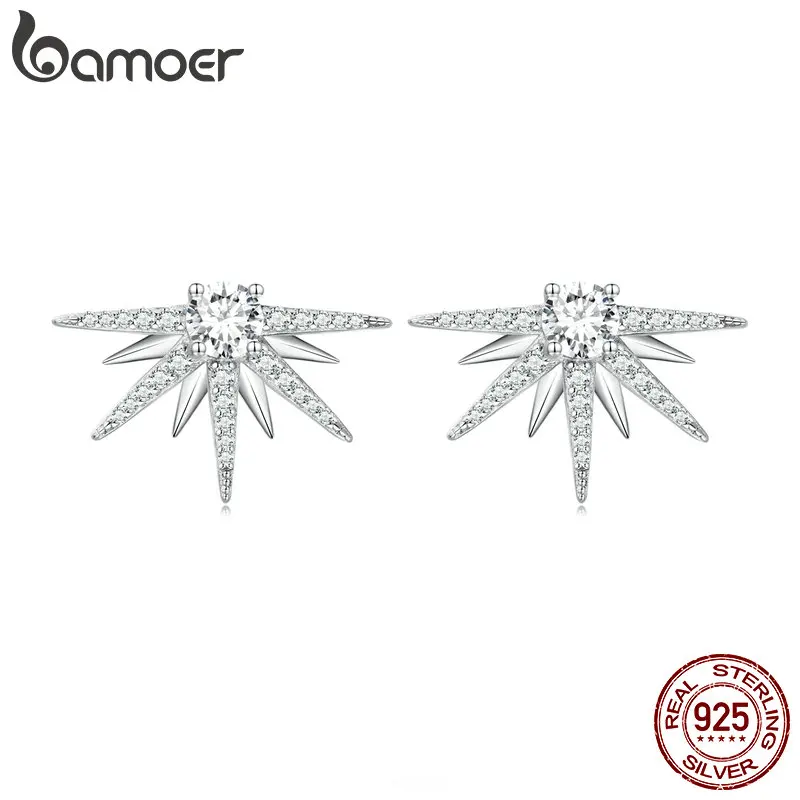 Bamoer 925 Sterling Silver Starburst Stud Earrings Pave Setting Zircon for Women Wedding Engagement Shiny Fine Jewelry BSE711