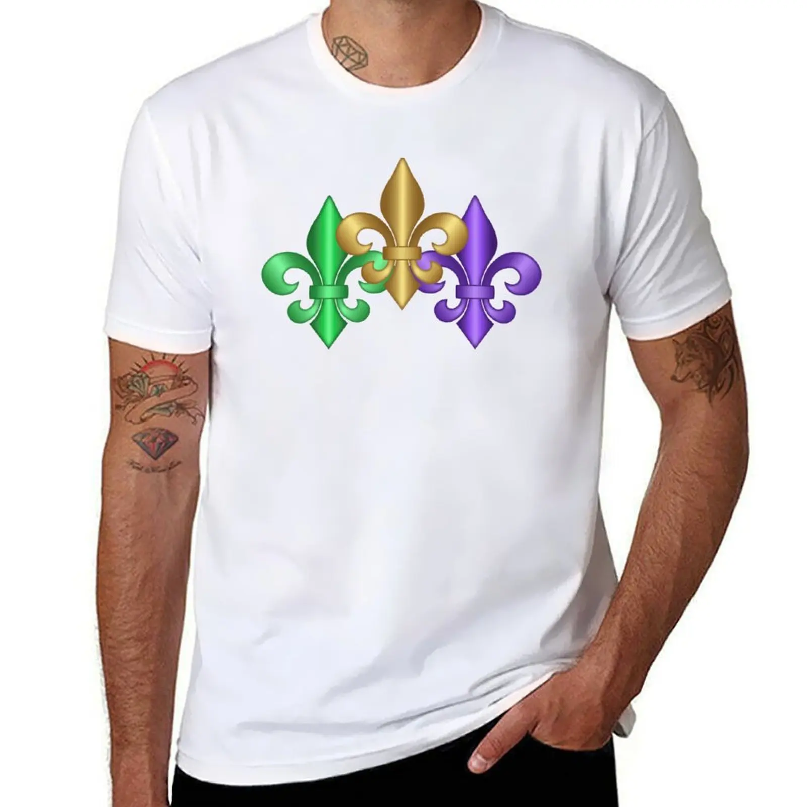 

Green Gold and Purple Fleur-de-Lis Symbols T-Shirt graphic t shirts for man black cotton t-shirt plain for man package T-shirt