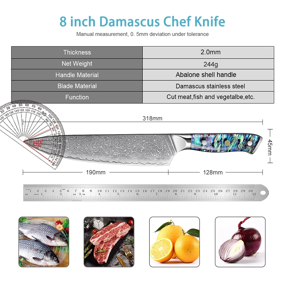 XITUO 8 inch Damascus Steel Chef Knife Sharp Profession Kitchen knives Delicate Abalone Shell Handle Slicing Cleaver Cut knife