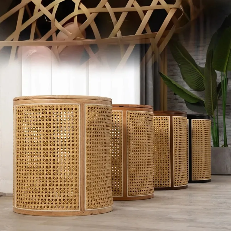 Vintage Solid Wood Rattan Storage Stool Wabi-Sabi Japanese Nightstand round Bucket Ottoman