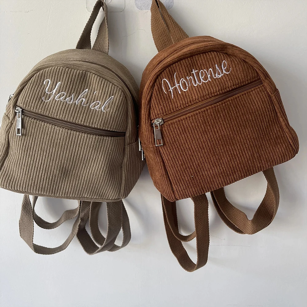 Embroidered Name Mini Corduroy Bag for Women Customized Solid Color Fashion Girls Small Mini Backpack Outdoor Travel Backpacks