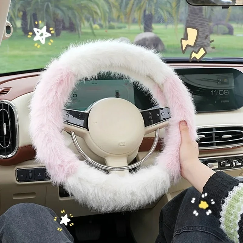 Car steering wheel cover handlebar cover for girls winter plush car anti-slip simple plaid women's handlebar cover