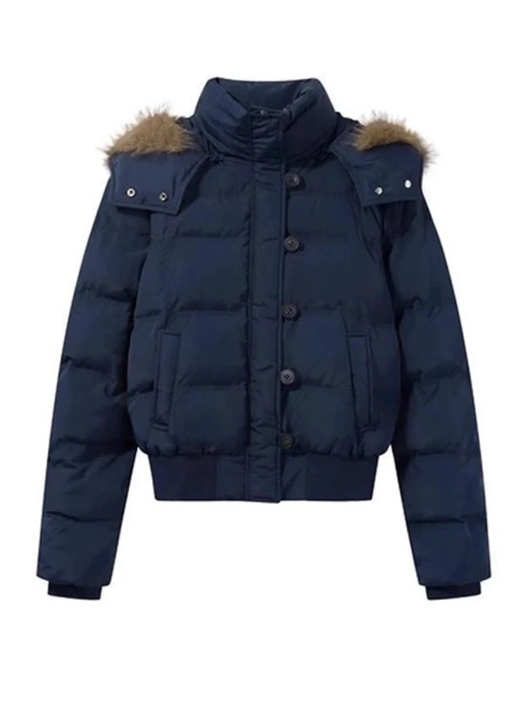 معطف أمريكي عتيق بأكمام طويلة مع قلنسوة قصير بياقة من الفرو الصناعي معطف نسائي غير رسمي بلون نقي Y2k بسحاب عتيق لخريف 2025 #2