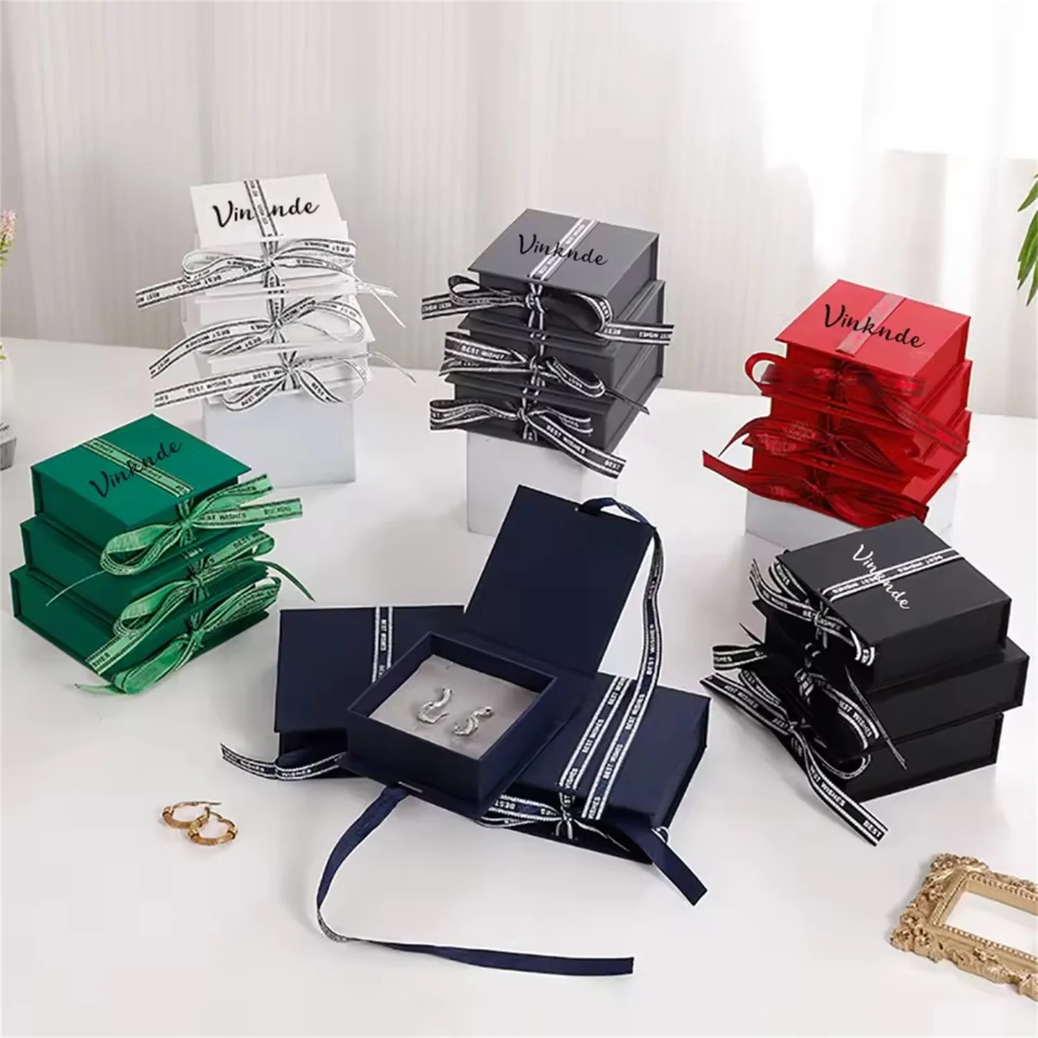 Custom Logo Eco Friendly Jewelry Gift Box Flip Open Ribbon Closure Necklace Perfume Lipstick Gift Mothers Day Valentine Package