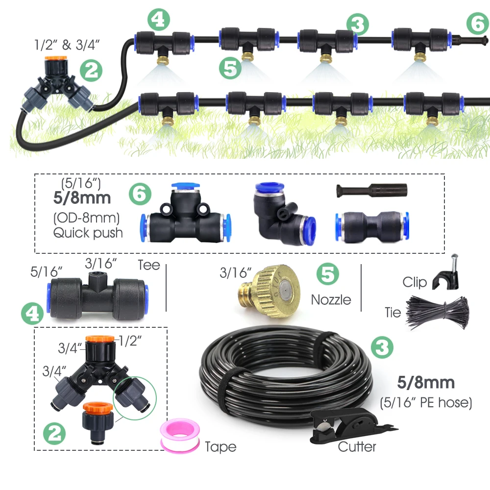 50-5M Garden Spray Watering Kit for Patio Greenhouse Humidification Misting Cooling System 5/16