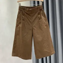Button Summer Solid Color Elastic High Waisted Pockets Casual Summer Women's Clothing Straight Knee Pants Commute Korean Shorts