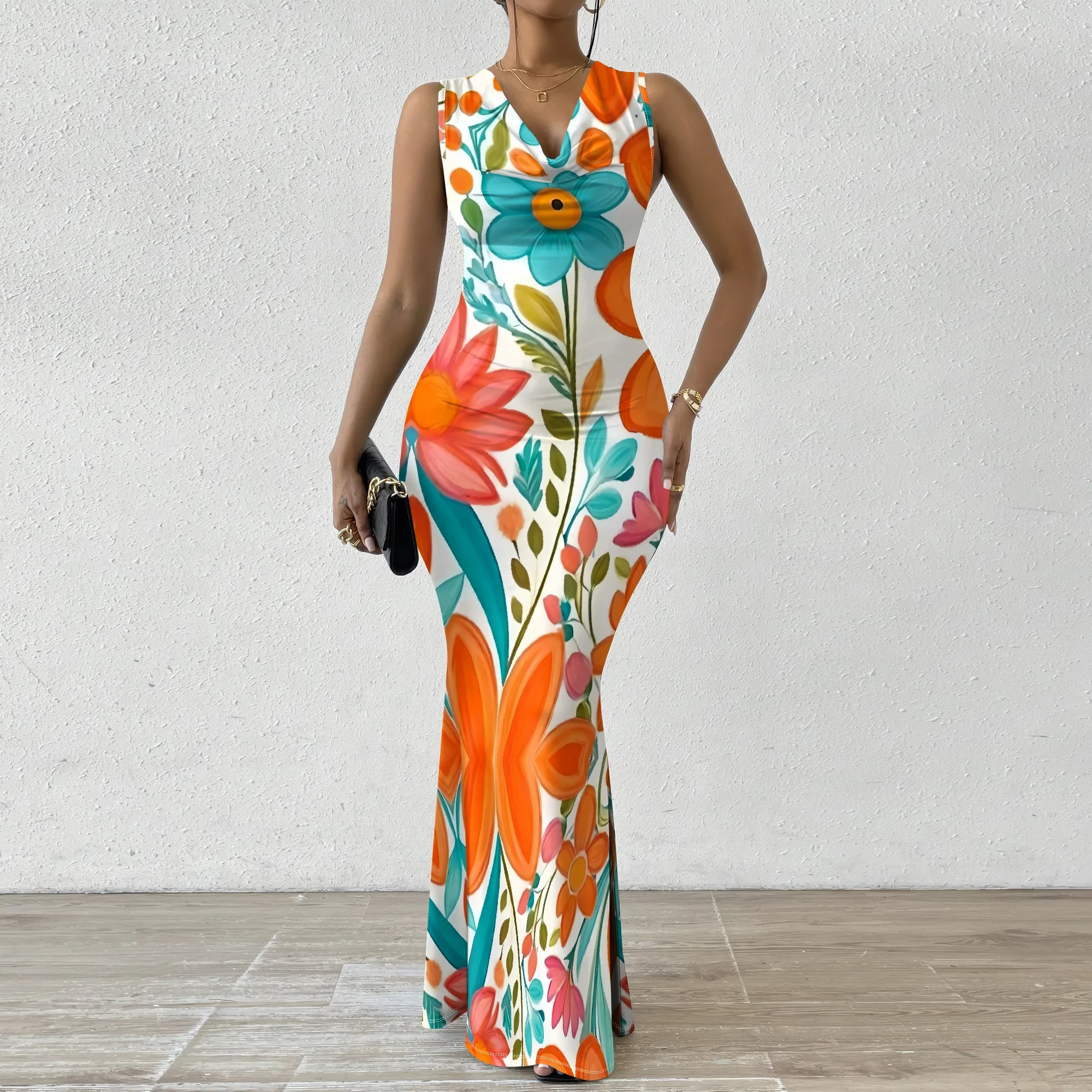 

Bold Floral Print Maxi Dress XS-2XL V-Neck Sleeveless Bodycon Style for Spring Vacation, Garden Party or Art Festival Look