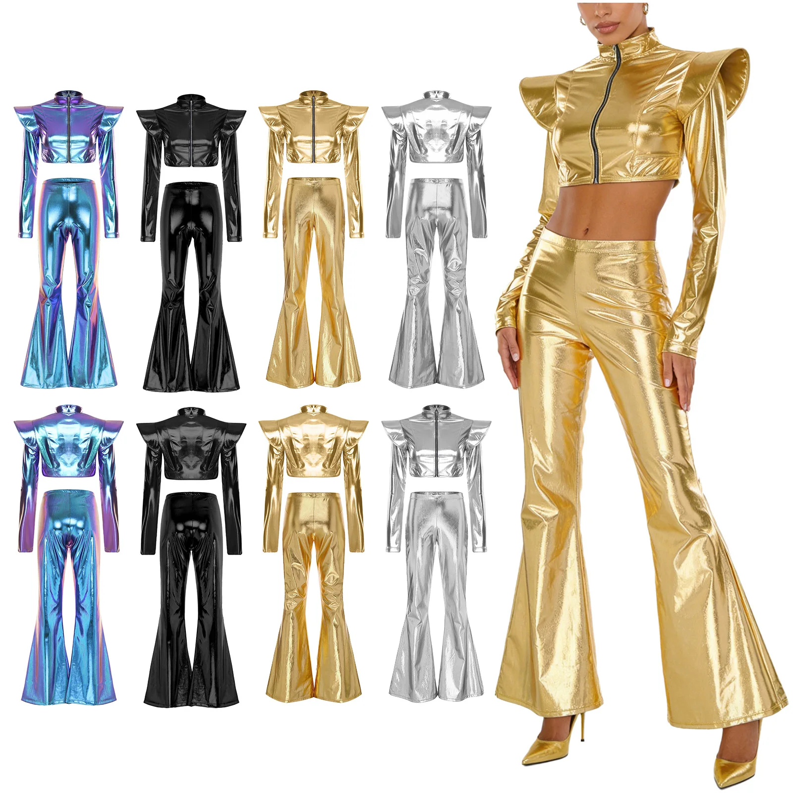 Women Disco Jazz Dance Outfit Metallic Shiny Long Sleeve Zipper Crop Top with Flared Pants Halloween Carnival Club Party Costume