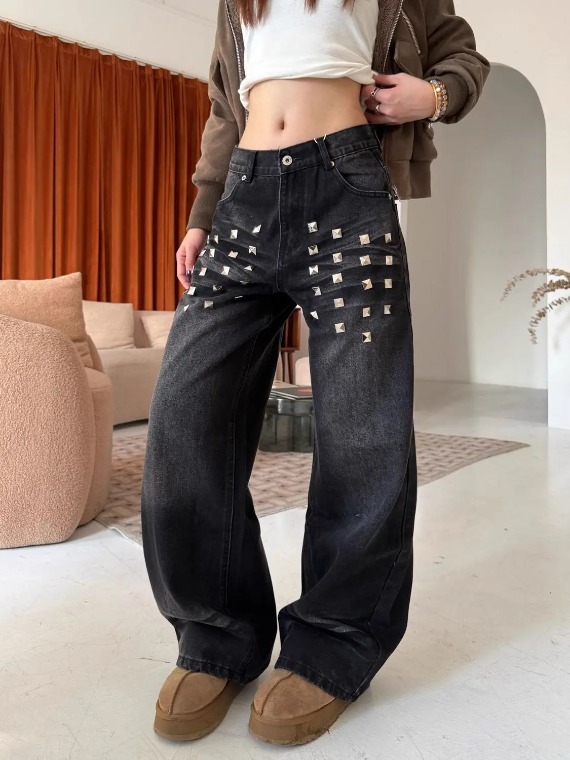 

High Waist Wide Leg American Retro Design Rivet Denim Jeans Women's Autumn Winter New Loose Fit Straight Floor-Length Pants