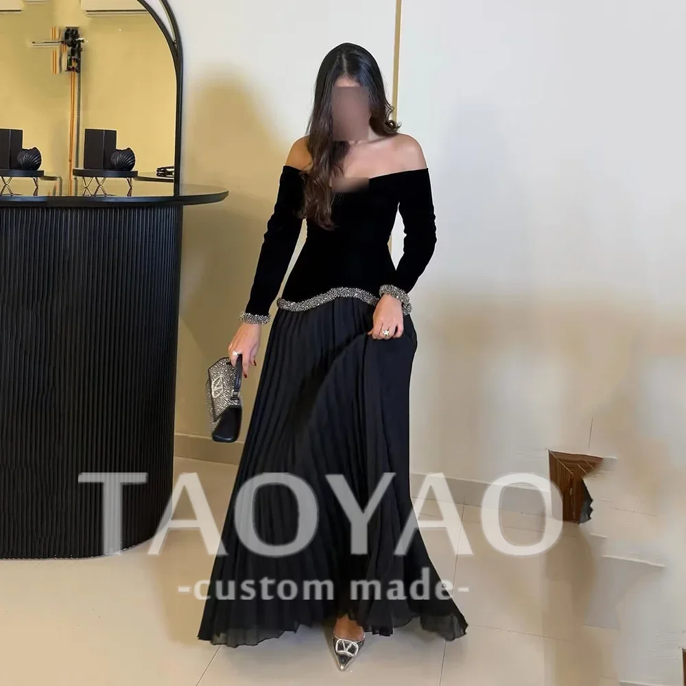 

Verngo Black V-Neck Evening Dress Off Shoulder A Line Forma Dress Arabic Full Sleeves A Line Prom Party Dresses Customized