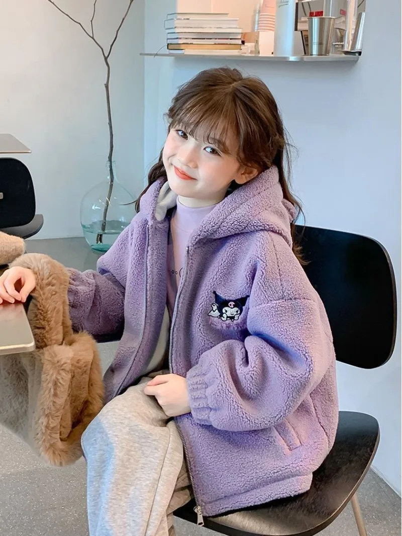 

Kawaii Kuromi Sanrio Student Cute Cartoon Plush Jacket Children Comfortable Warm Hooded Sportswear Christmas Gifts for Kids