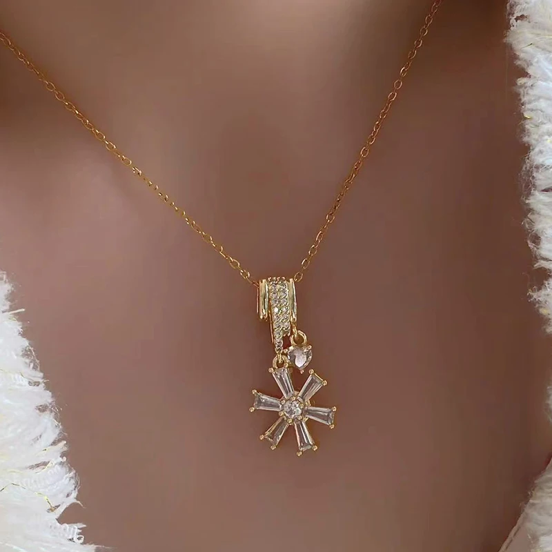 ANENJERY 316L Stainless Steel Sunflower Snowflake Pin Tree Necklace for Women Simple Clavicle chain Jewelry Gifts Wholesale