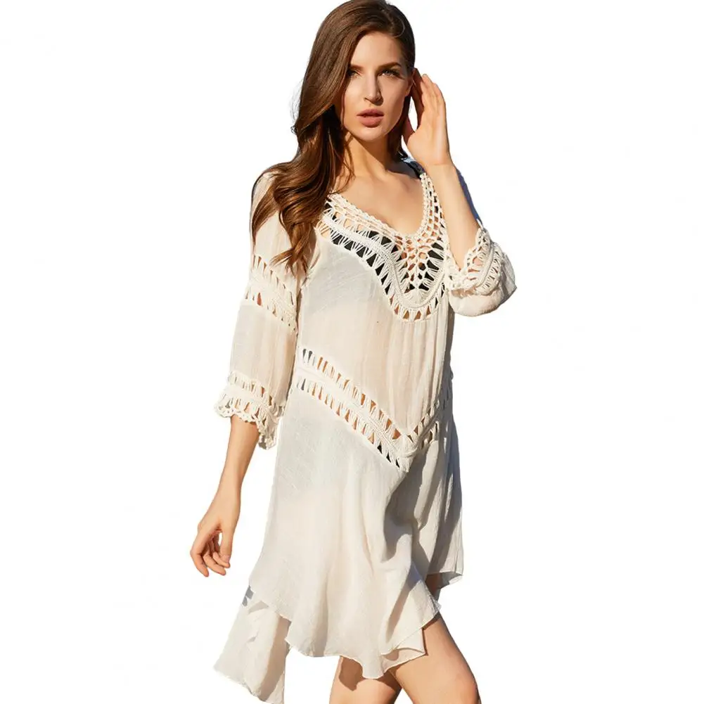 

V-neck 3/4 Sleeve Flowy Hem See-through Sunscreen Dress Crochet Hollow Backless Swimwear Cover Up Beachwear