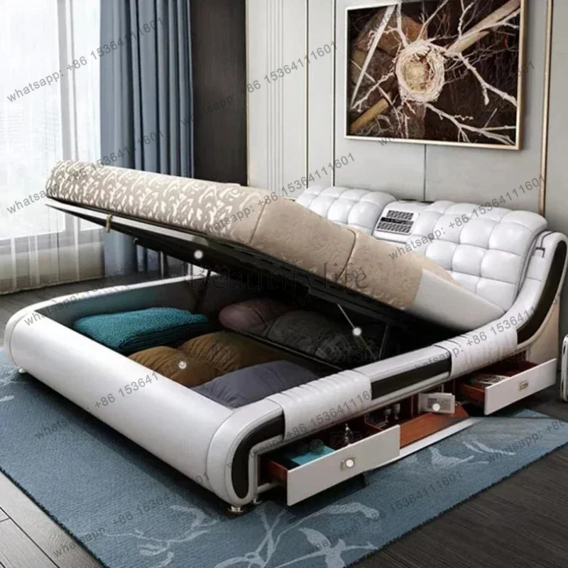 LJY Multifonction Aesthetic Double Bed Under Storage Twin Salon Double Bed Luxury Frame Leather Lit Deux Place Home Furniture