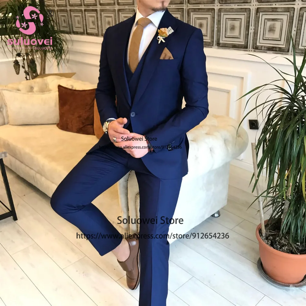 Fashion Groom Wedding One Button Tuxedo Slim Fit 3 Piece Jacket Vest Pants Set Business Blazer Formal Peaked Lapel Suits For Men