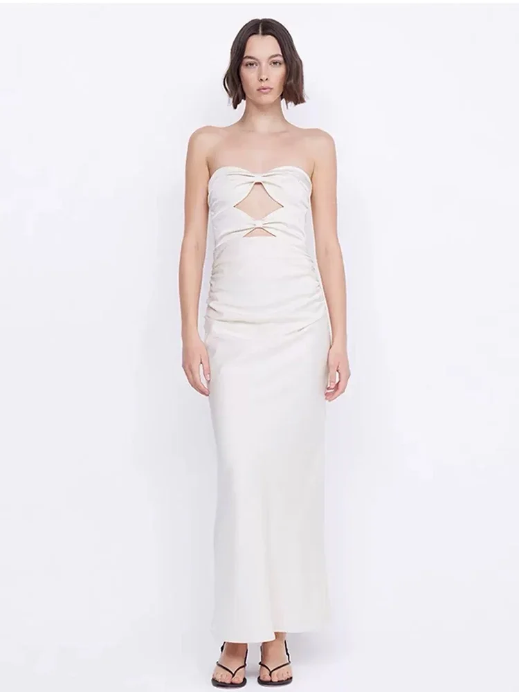 새로운 섹시한 스트랩리스 홀로우 아웃 롱 드레스 여성용 화이트 슬리브리스 컷아웃 백리스 슬림 드레스 우아한 이브닝 파티 가운