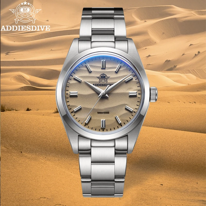 ADDIESDIVE Herrenuhr, Sandzifferblatt, 36 mm, Quarzuhr, 100 m wasserdicht, 316L-Edelstahl, AR-beschichtete Kuppelglas-Armbanduhr für Herren