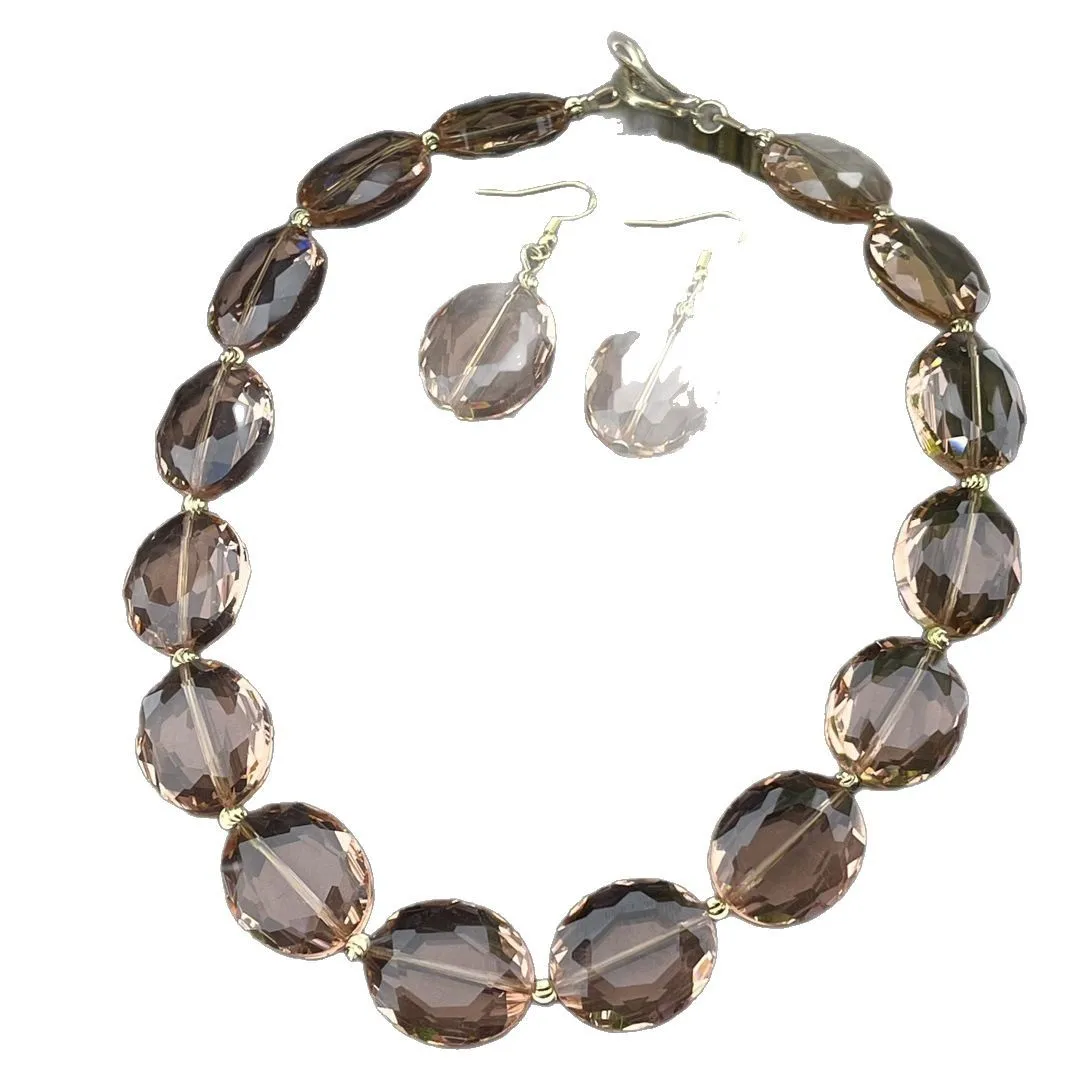 

Vintage glass crystal flat oval faceted necklace earrings jewelry set black gray green