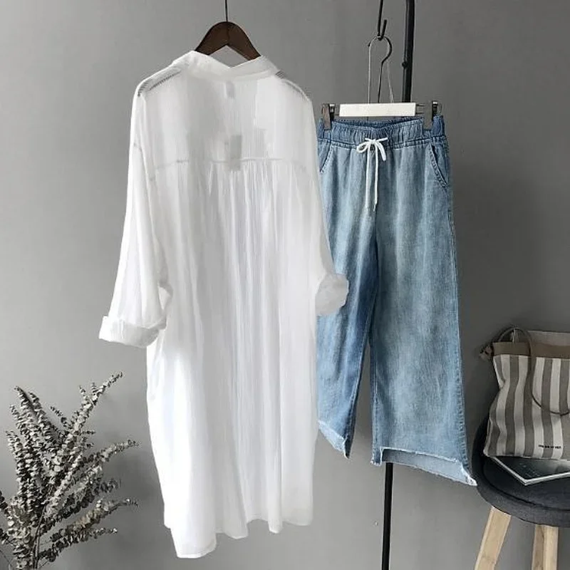 Long Shirts Women White Turn Down Collar Loose Pure Summer Long Sleeve Korean Fashion Students Breathanle Thin Minimalist Chic