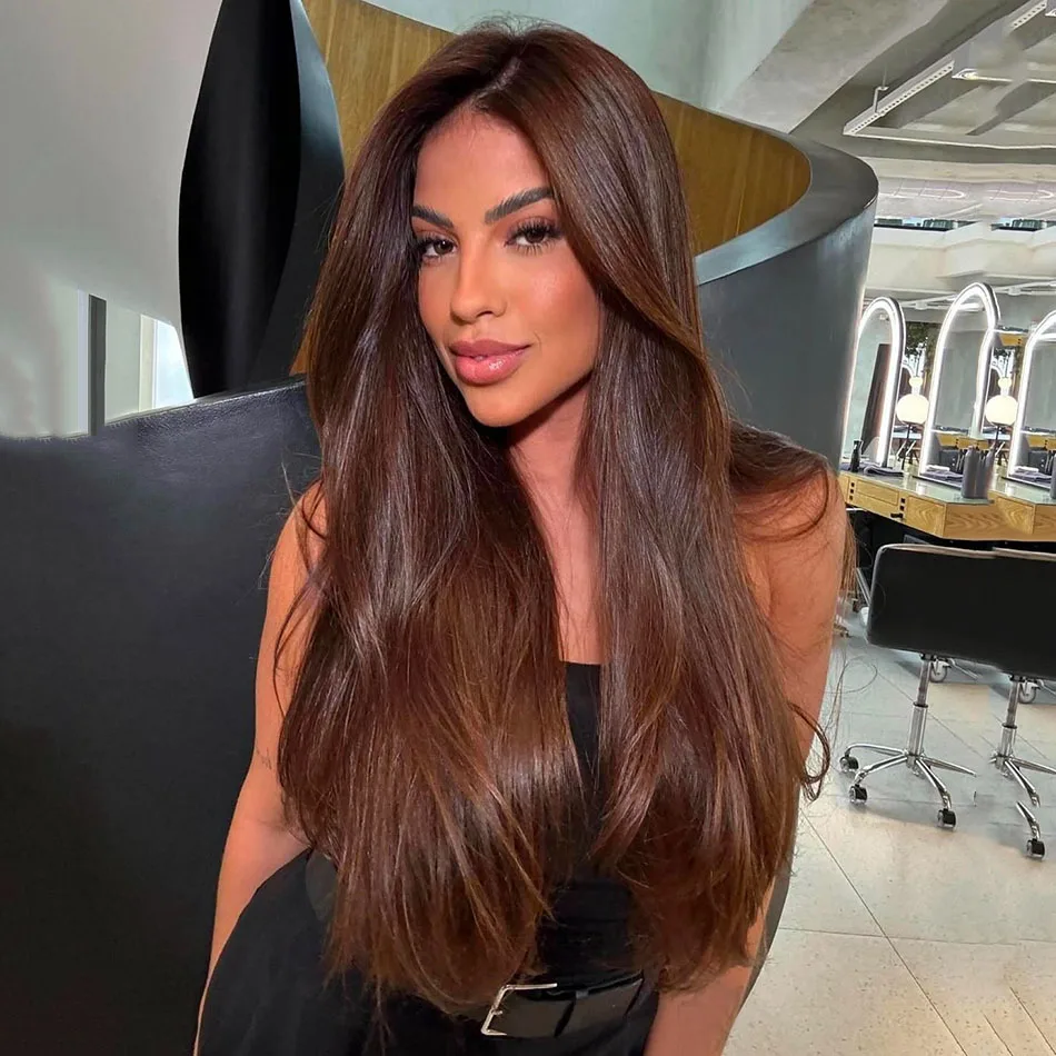 

Парик с кружевной передней частью 13x6 цвета шоколадно-коричневый, парик из натуральных волос 13x4, идеально прямой, 30-36 дюймов, цветной парик с кружевной передней частью для женщин ﻿