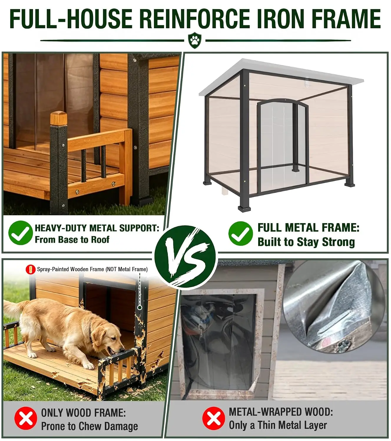 Large Dog House Outdoor Iron Frame Hinged Roof Waterproof Kennel Pet Shelter, Customized