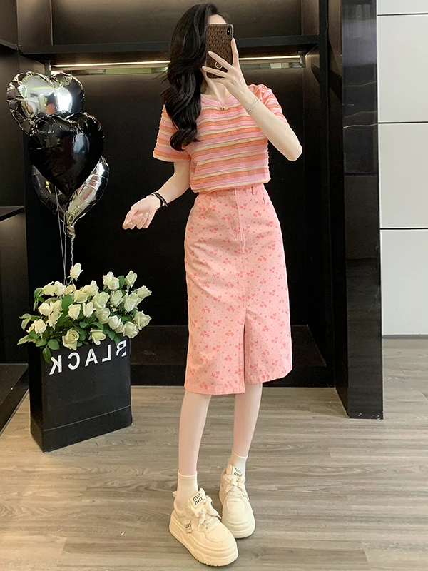 

Pink Striped Short Sleeve T-Shirt And Half Skirt Two-Piece Set Women's Fashionable Summer Outfit Cotton round Neck Top