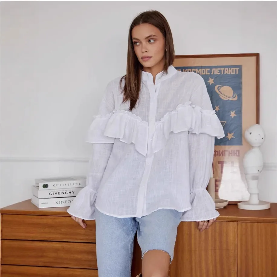 2025 Nieuwe Mode Ruche Button-down Shirt Vrouwen Zomer Casual Losse Effen Kleur V-hals Thuis Lange mouwen Top voor Vrouwen