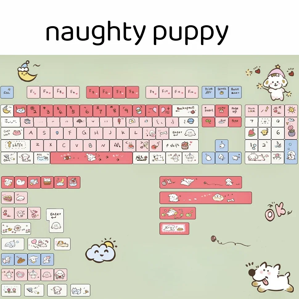 Imagem -05 - Cute Naughty Puppy Keycap Sublimação de Cinco Lados Teclado Mecânico Faça Você Mesmo com Layout Ansi Iso Mda Rosa 136 Teclas