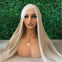 Ash Blonde Lace Front Wig Synthetic Wigs for Women Long Silky Straight Light Blonde Highlights Glueless Hairline Daily Party